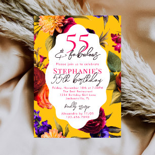 Convite Amarelo Floral 55 & Fabuloso Aniversário de 55 Ano