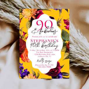 Convite Amarelo Floral 90 & Fabuloso Aniversário de 90 ano
