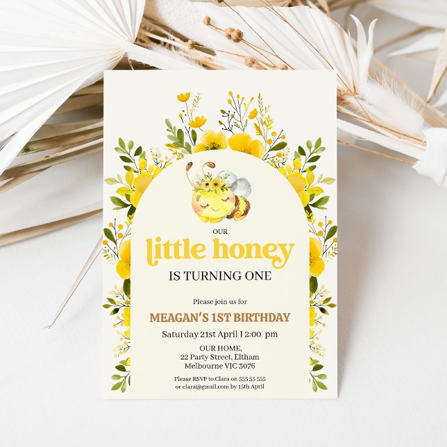 Convite Amarelo Floral Nosso primeiro aniversario De Abelh (Bee 1st Birthday Invitation Template, Yellow Floral Bee Birthday Invite, Our Little Honey Invite)