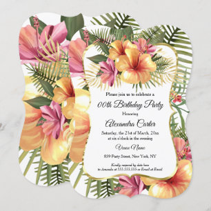 Convite Amarelo Floral Rosa Hibisco Tropical Dourado Anive
