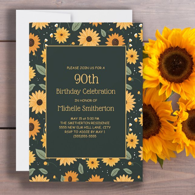 Convite Amarelo Girassóis 90 Negro Aniversário (Cute sunflowers on black 90th birthday party invitation for women. Customizable with your text.)