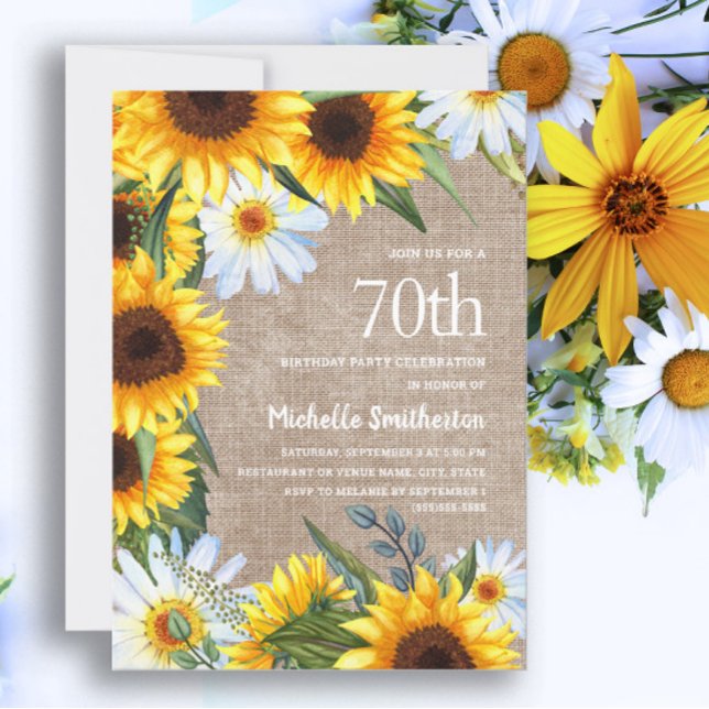 Convite Amarelo Girassóis White Daisie 70 Aniversário (70th birthday invitation with sunflowers and white daisies on a rustic burlap background)