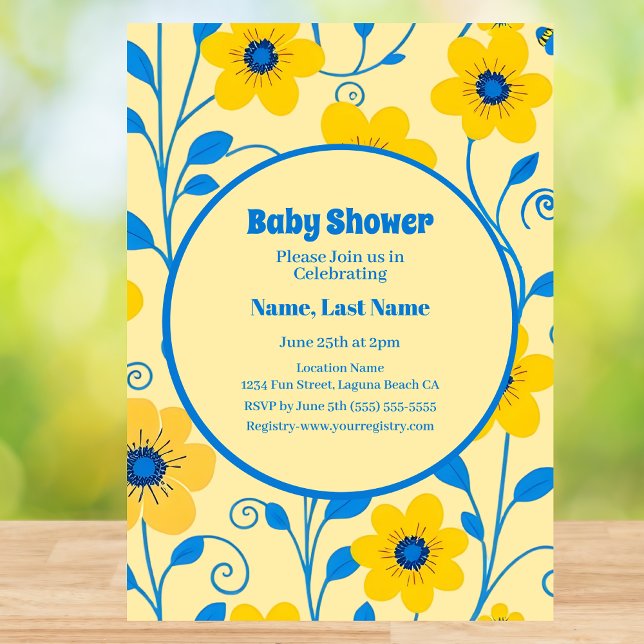 Convite Amarelo-Manteiga e Chá de fraldas Azul-Florais (Butter Yellow and Blue Florals-Baby Shower Invitation )