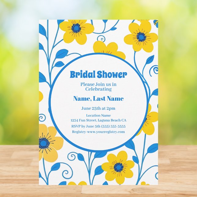 Convite Amarelo-Manteiga e Chá de panela Floral Azul (Butter Yellow and Blue Floral-Bridal Shower Invitation in White)