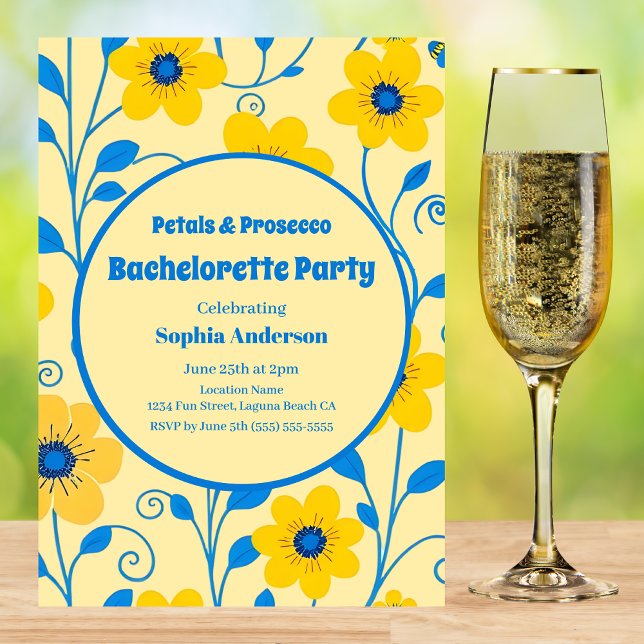 Convite Amarelo-Manteiga e Festa de solteira Azul (Butter Yellow and Blue Florals-Bachelorette Party Invitation )