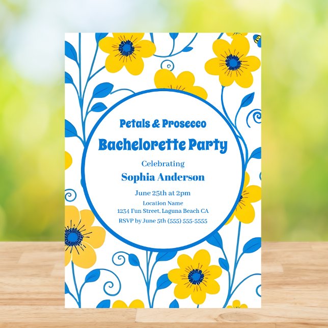 Convite Amarelo-Manteiga e Festa de solteira Azul (Butter Yellow and Blue Floral Bachelorette Party Invitation in White)