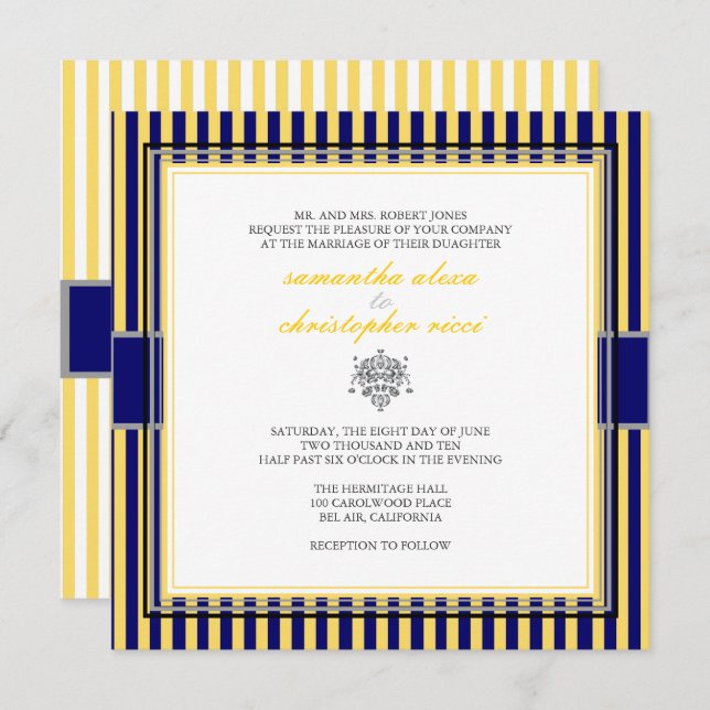 CONVITE AMARELO+MARINHO BLUE STRIPS WEDDING (Frente/Verso)