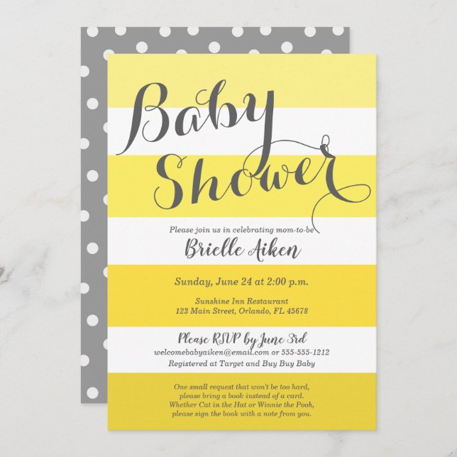 Convite Amarelo moderno e cinzas listrados (Frente/Verso)