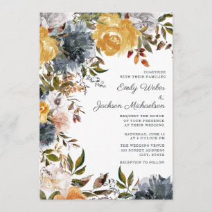 Convite Amarelo Mostarda Azul Marinho Aquarela Floral Casa
