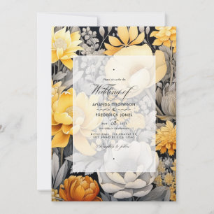 Convite Amarelo Mostarda e Casamento Floral Cinza Claro
