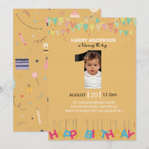 Convite Amarelo Mostarda Foto de 1º Aniversário, Grande Um