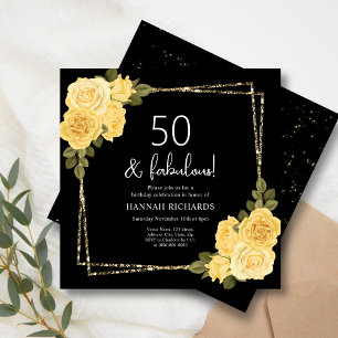 Convite Amarelo Negro e Dourado Floral 50º Aniversário