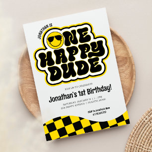 Convite Amarelo Preto Retro Um Cara Feliz Aniversário de 1