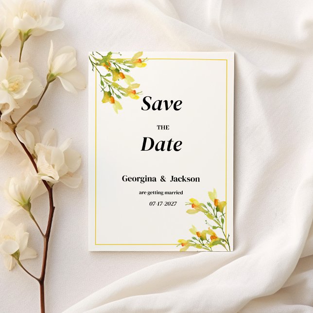 Convite Amarelo primavera verde-laranja floral Guarde a Da (Yellow orange green spring floral Save the Date )