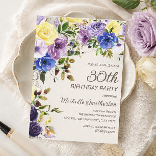 Convite Amarelo-púrpura aniversário de 30 anos Floral