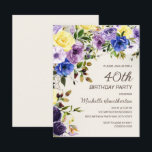 Convite Amarelo-púrpura aniversário de 40 anos Floral<br><div class="desc">Bonito púrpura e amarelo, aniversário de 40 anos botânico floral de cor d'água para mulheres. O texto é uma letra elegante do pincel de caligrafia e está alinhado no lado direito da placa. Este convite de aniversário é perfeito para a sua primavera ou celebração de verão. Entre em contato comigo...</div>