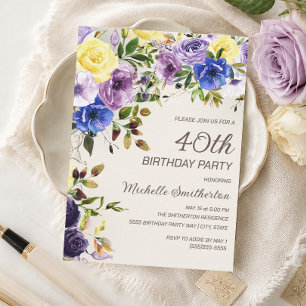 Convite Amarelo-púrpura aniversário de 40 anos Floral