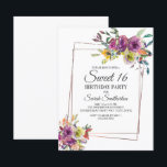 Convite Amarelo-púrpura Aquarela Geométrica Floral Doce 16<br><div class="desc">Lilac púrpura botânica floral elegante Sweet 16 convite de aniversário com uma falso estrutura em fios geométricos de cobre sobre fundo branco</div>