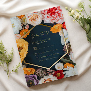 Convite Amarelo rosa azul marinho dourado floral RSVP de p