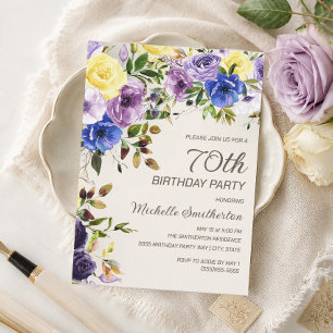 Convite Amarelo-roxo 70 Floral Aniversário