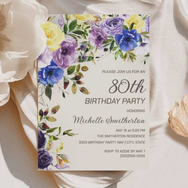 Convite Amarelo-roxo 80 Floral Aniversário (Purple and yellow watercolor floral 80th birthday party invitation)