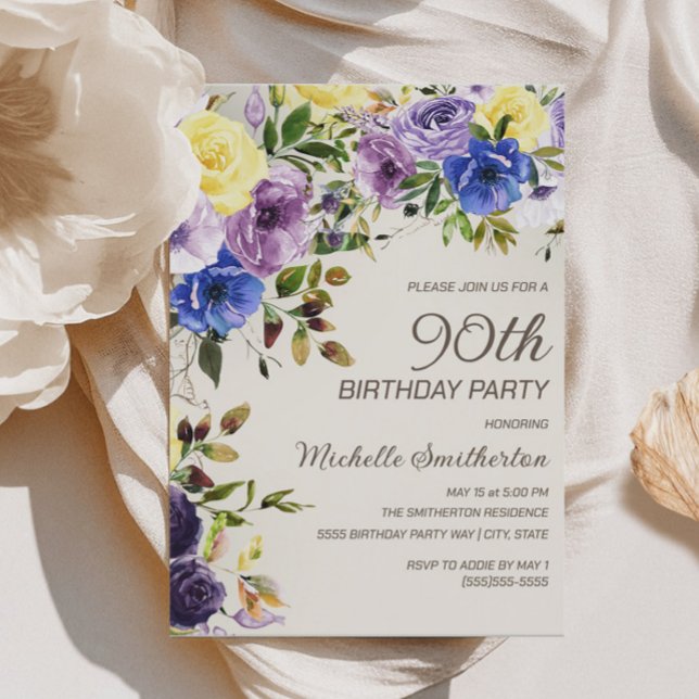 Convite Amarelo-roxo 90 Floral Aniversário (Purple and yellow watercolor floral 90th birthday party invitation)