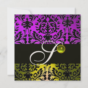 Convite AMARELO ROXO DAMASCO MONOGRAMA TOPÁZIO Dourado