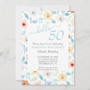 Convite Amarelo Teal Floral Elegante Script Aniversário de