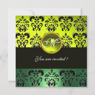 Convite AMARELO VERDE PRETO DAMASCO MONOGRAMA, topázio