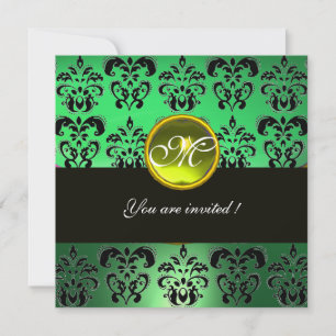 Convite AMARELO VERDE PRETO DAMASCO MONOGRAMA, topázio