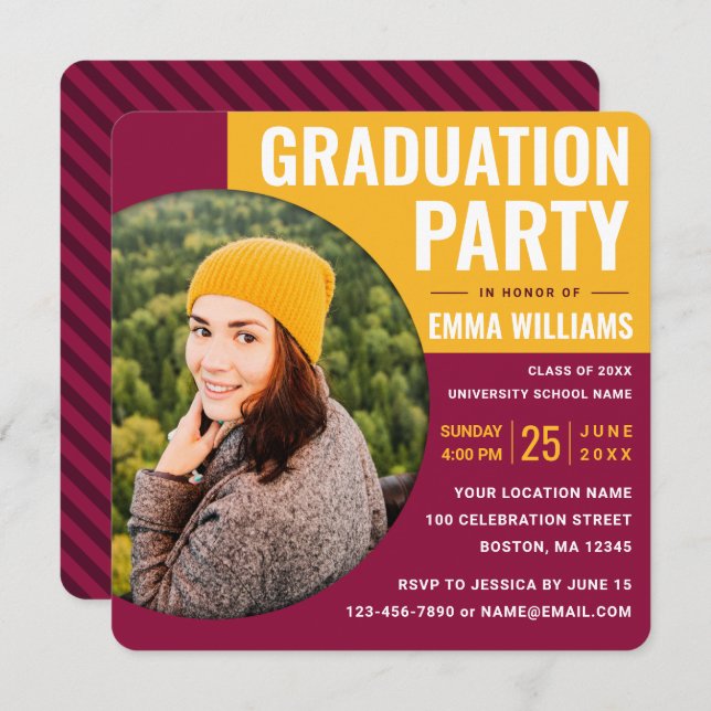 Convite Amarelo Vermelho Moderno | Graduação de fotos (Frente/Verso)