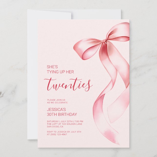 Convite Amarrando os Vinte com Laço Rosa - Festa de 30 Ano (Frente)