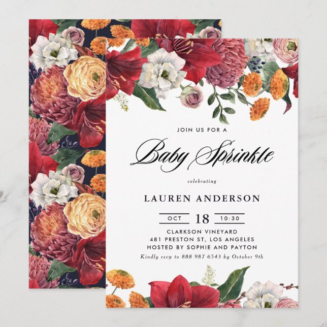 Convite Amaryllis Botânica e Mães Floral Bebê Sprinkle (Frente/Verso)