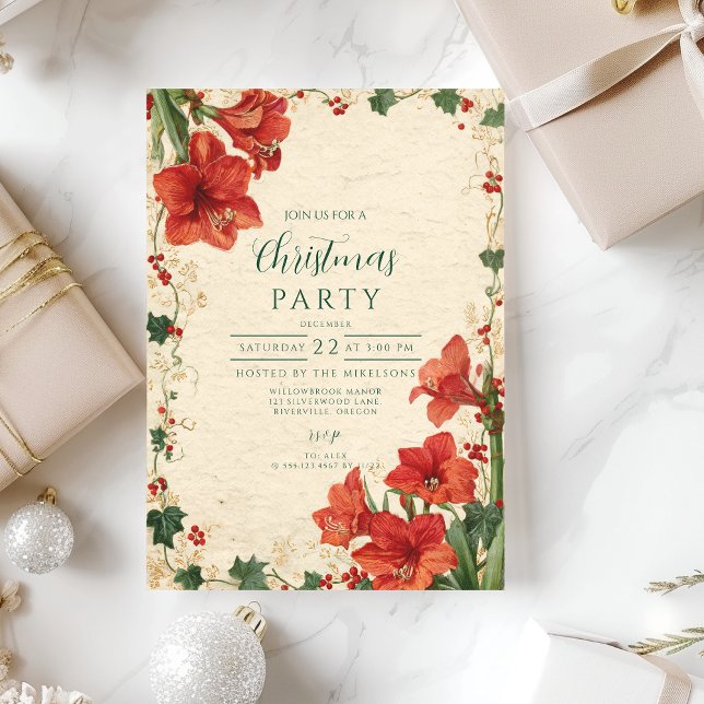 Convite Amaryllis Vermelho Rústico de Natal (Criador carregado)