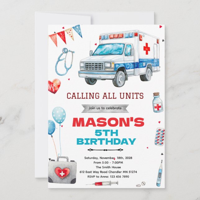 Convite Ambulance party theme invitation (Frente)