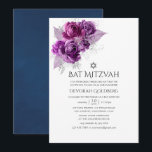 Convite Ameixa e Marinho Aquarela Bat Floral Mitzvah<br><div class="desc">Rosas roxas de ameixa escura e bolinhas tropicais prateadas com degustação inversa de morcegos de folhagem tropical com marinho azul.</div>