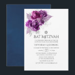 Convite Ameixa e Marinho Aquarela Bat Floral Mitzvah<br><div class="desc">Rosas roxas de ameixa escura e bolinhas tropicais prateadas com degustação inversa de morcegos de folhagem tropical com marinho azul.</div>