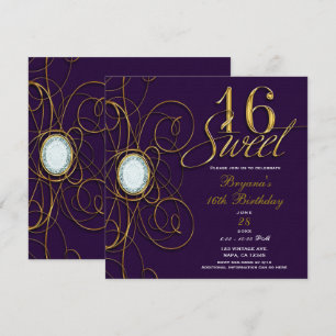Convite Ameixa Roxo Real & Diamante Dourado Doce 16 Aniver