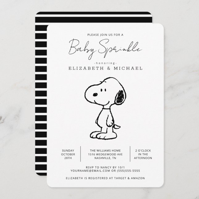 Convite Amendoins Snoopy - Bebê Sprinkle (Frente/Verso)