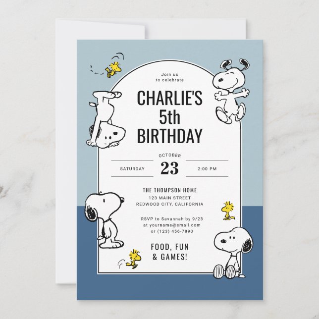 Convite Amendoins Snoopy & Woodstock Blue Aniversário (Frente)