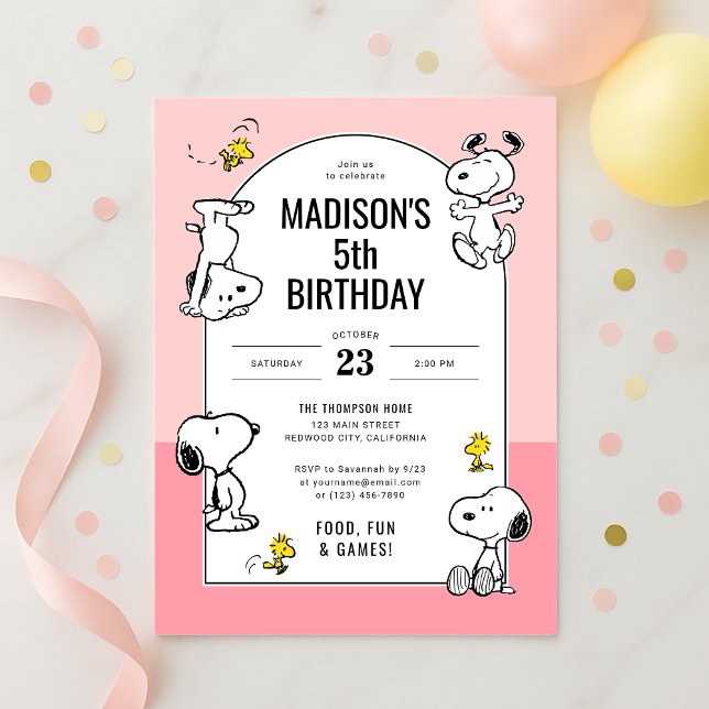 Convite Amendoins Snoopy & Woodstock Rosa Aniversário (Criador carregado)