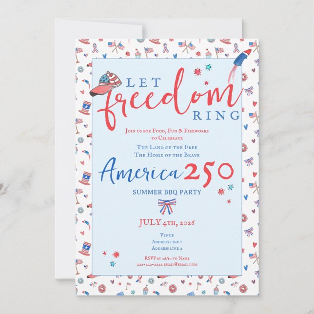 Convite America 250 Patriotic Let Freedom Ring 4th of July (Frente)