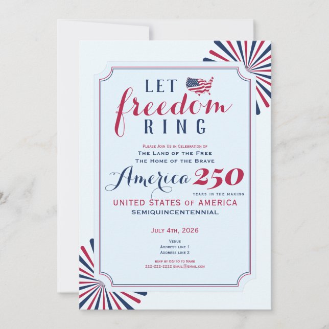 Convite America 250 Years US Anniversary Let Freedom Ring (Frente)