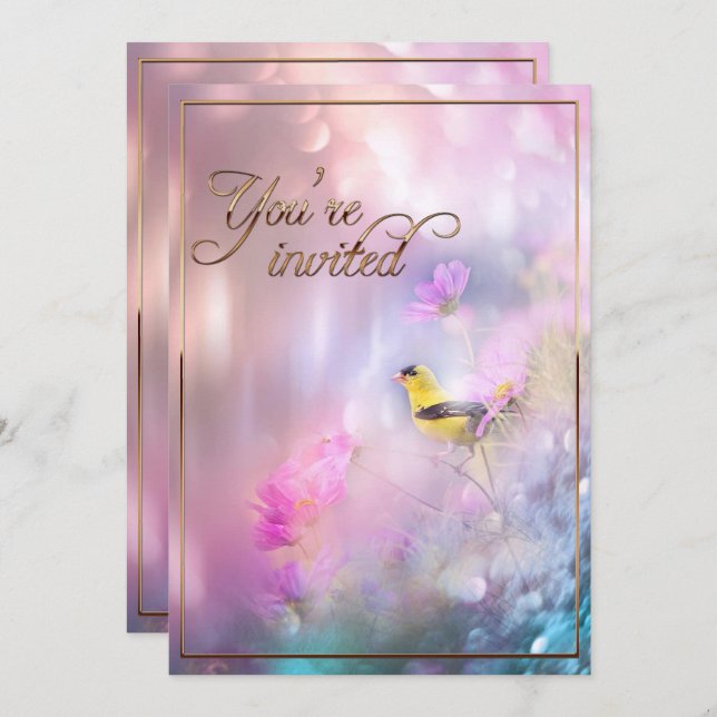 Convite American Goldfinch & Flowers/Dourado Trim (Frente/Verso)