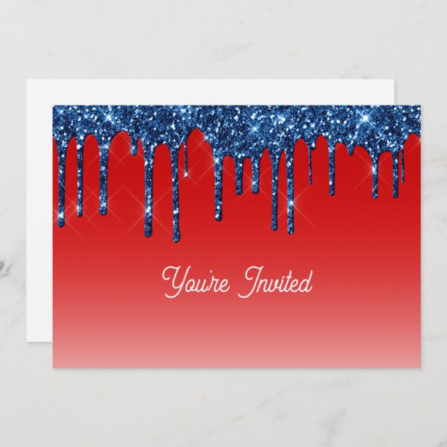 Convite Americana Red Blue Glitter Drip Birthday (Frente/Verso)