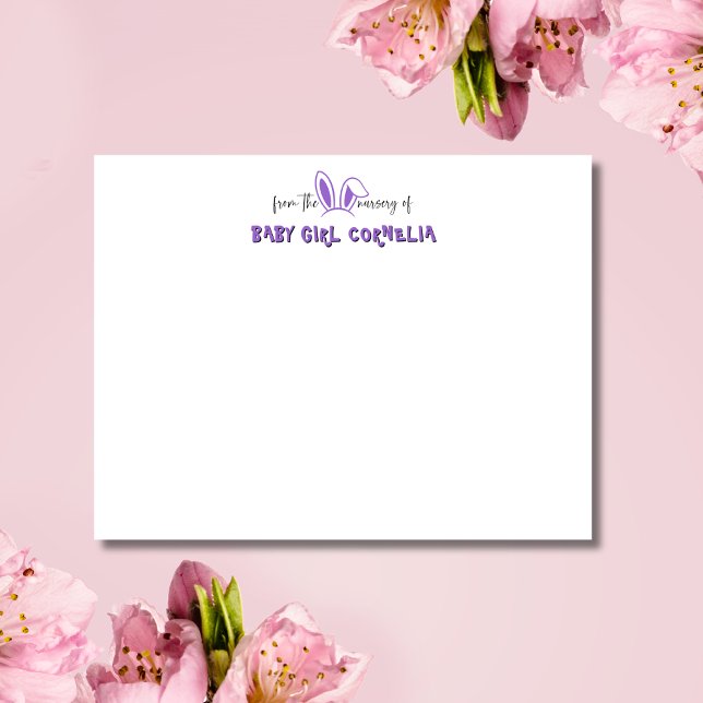 Convite Amethyst Bunny Ears Nursery Stationery Note Card (Criador carregado)