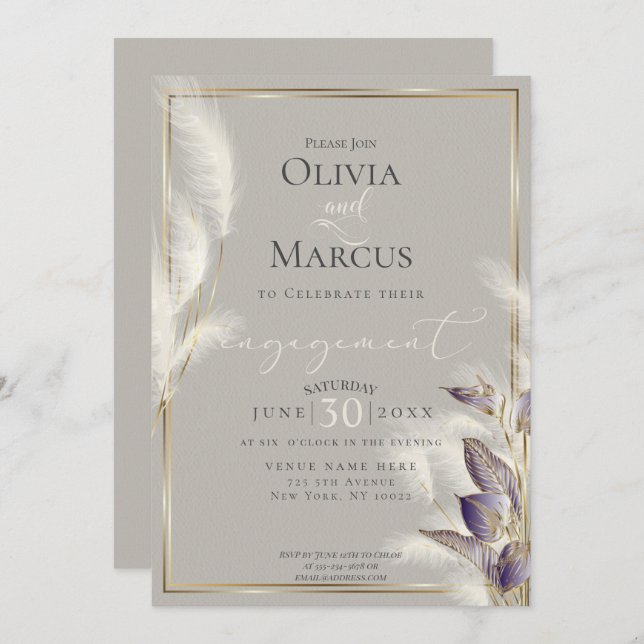 Convite Ametist Anthurium e Feathery Pampas Grass (Frente/Verso)