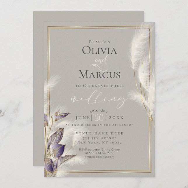 Convite Ametist Anthurium e Feathery Pampas Grass (Frente/Verso)