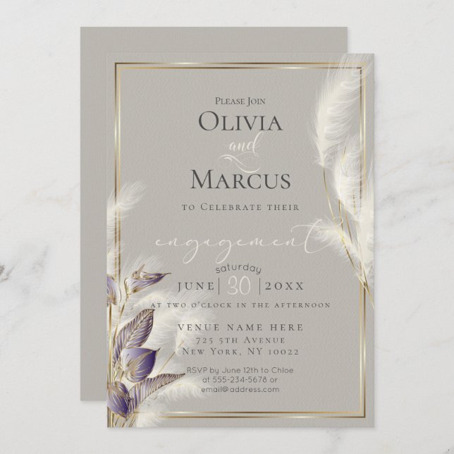 Convite Ametist Anthurium e Feathery Pampas Grass (Frente/Verso)