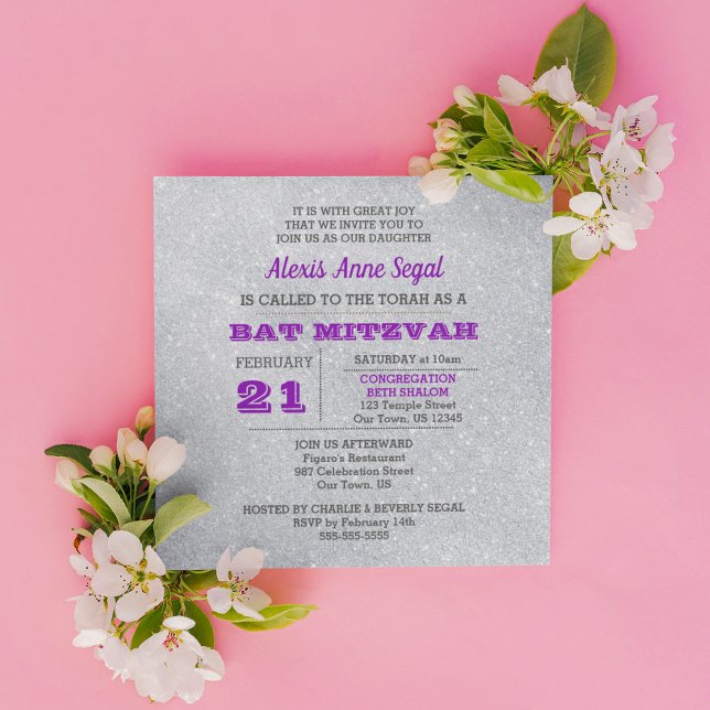 Convite Ametist e Silver Glitter Glam Bat Mitzvah (Criador carregado)
